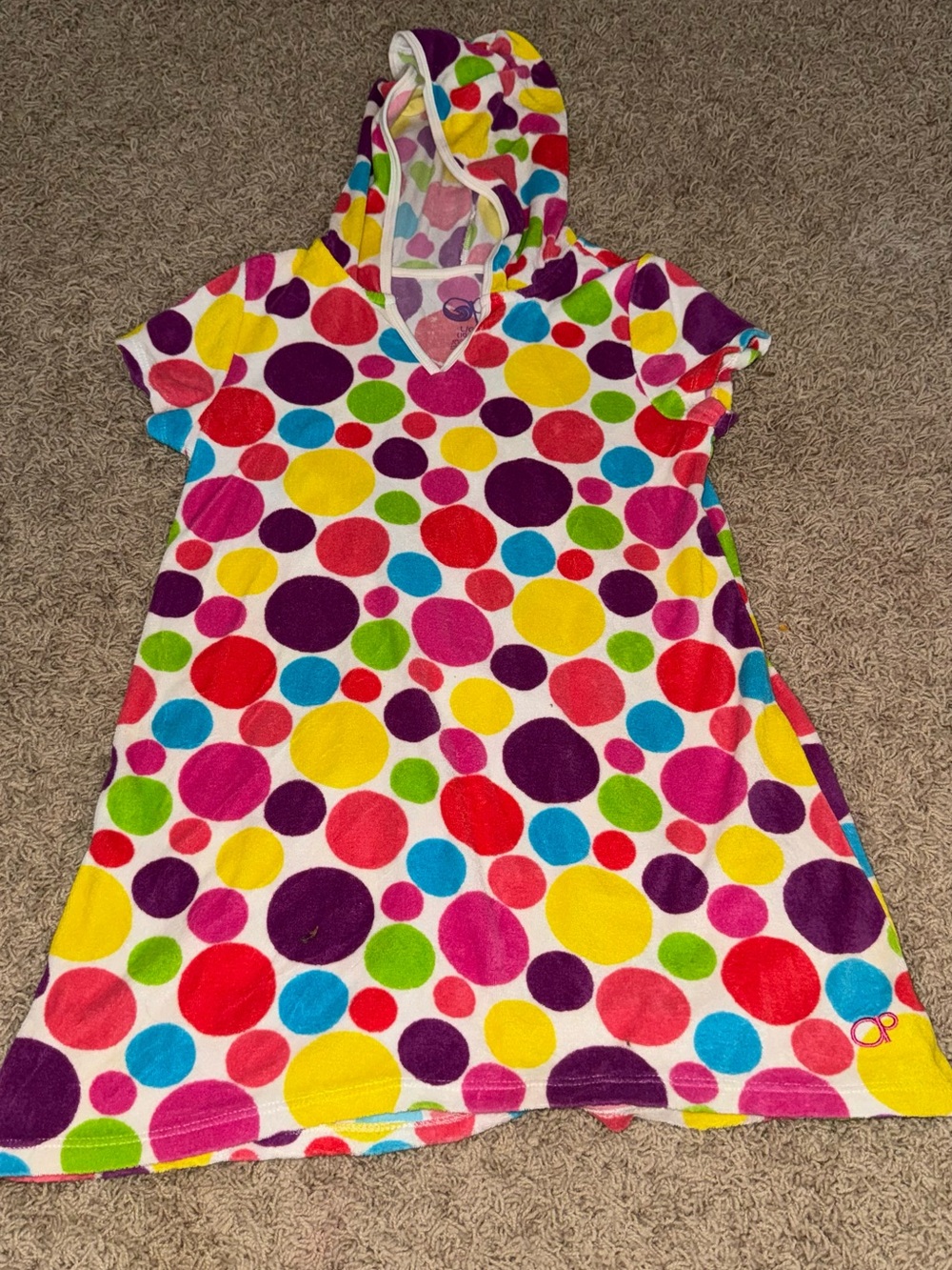 OP Kids Hooded One-Piece Polka Dot Terry Dress - White with Multicolor Dots